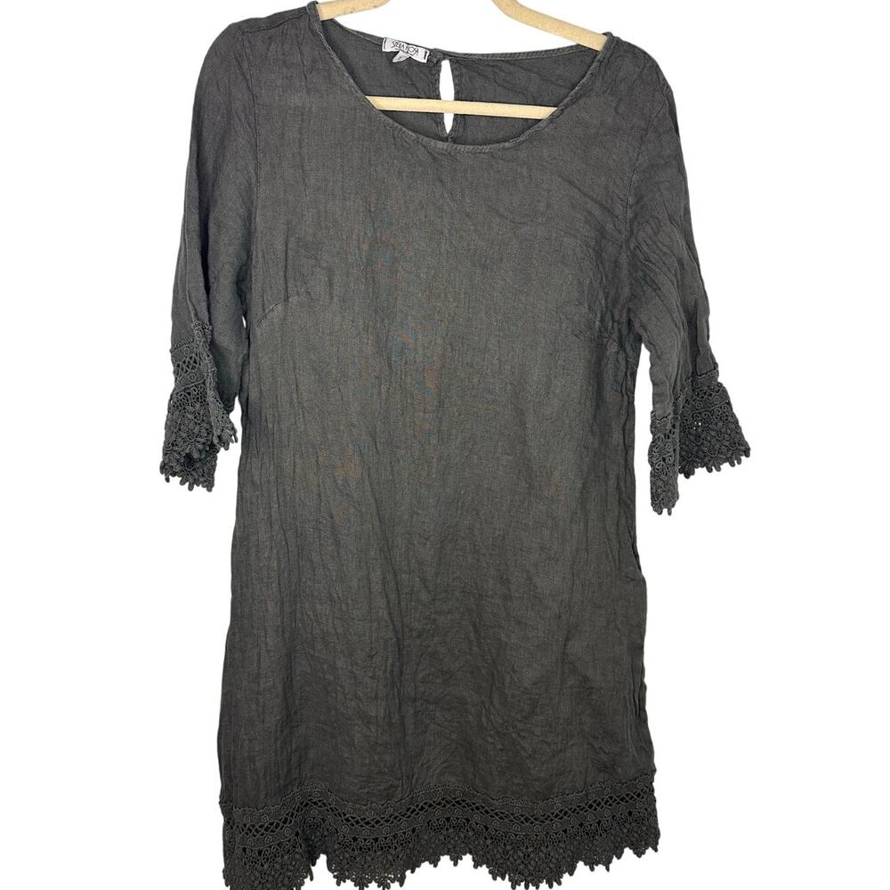 Stella Rosa Lace Crochet Trim Linen Dress Size Small Lagen Look Boho Gray Italy